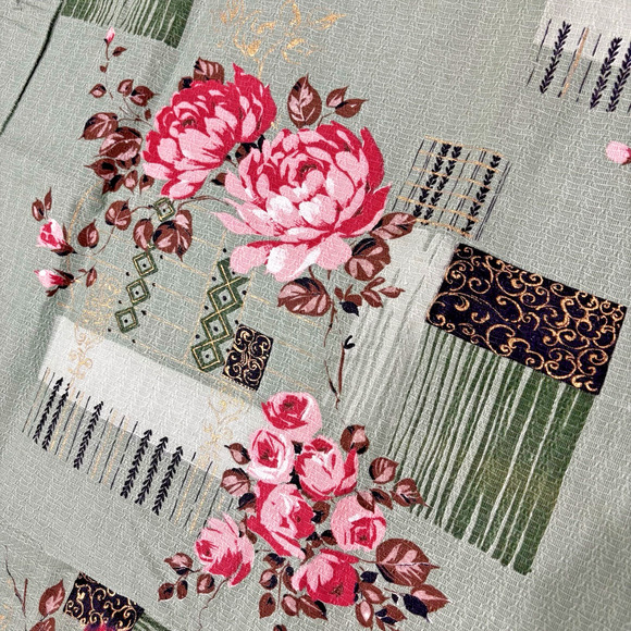 Vintage Mid Century Floral Barkcloth Fabric Green Pink Gold Details Remnants (2) - Picture 5 of 7